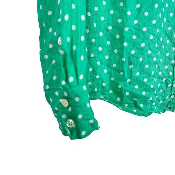 J Crew Perfect Shirt Size 2 Linen Button Down Polka Dot Green White - Picture 4 of 5